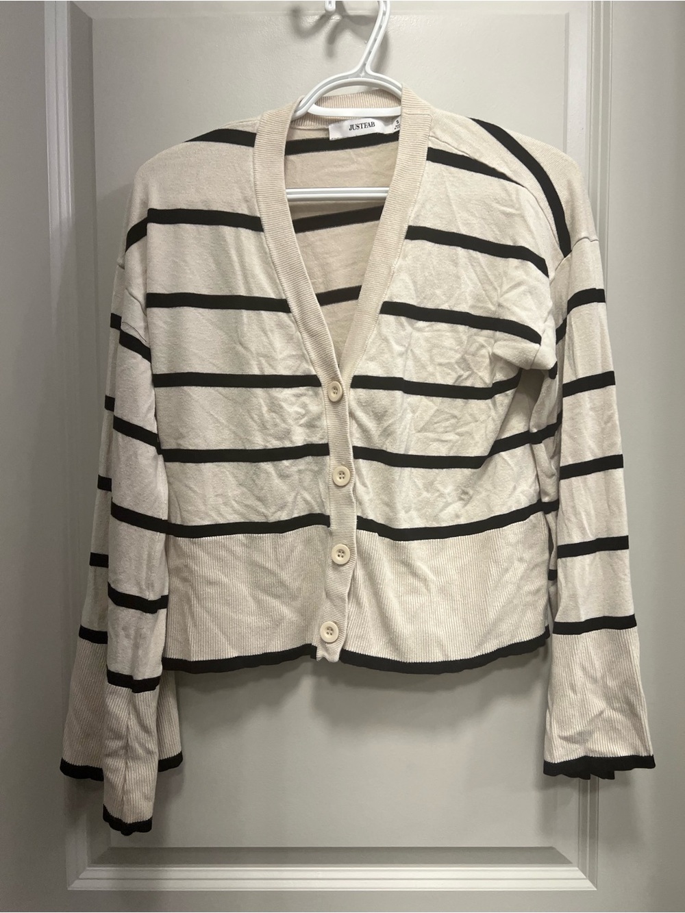 JustFab Cream and Black Striped V-Neck Button Cardigan